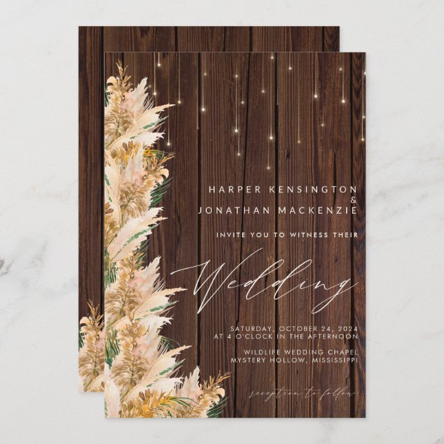 Pampas Grass Wood Twinkle Lights Boho Wedding Invitation (Front/Back)