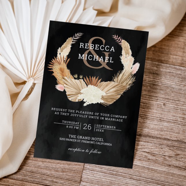 Pampas Grass Wreath Dried Palm Black Wedding Invitation (Creator Uploaded)