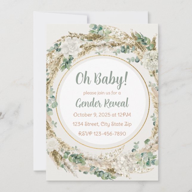 Pampas Greenery Neutral Tone Boho Gender Reveal Invitation (Front)