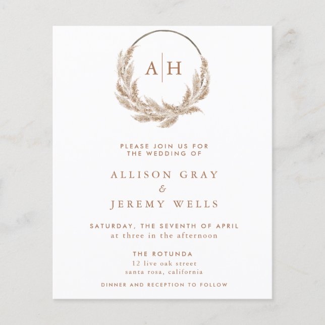 Pampas Monogram Wedding Invitation  (Front)
