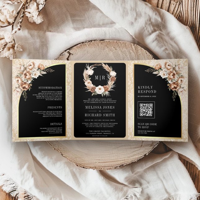 Pampas Neutral Beige Earthy Floral Black Wedding Tri-Fold Invitation (Creator Uploaded)