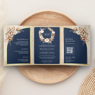 Pampas Neutral Beige Earthy Floral Navy Wedding Tri-Fold Invitation