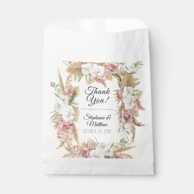 Pampas Palm Foliage White Blush Floral Rustic Boho Favour Bags (Front)