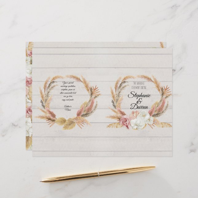 Pampas Palm Pink Floral White Wood Wedding Program (Front/Back In Situ)