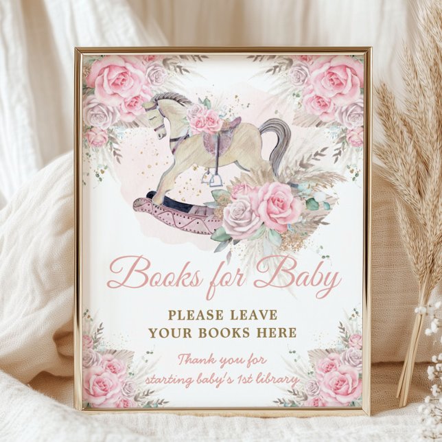 Pampas Pink Floral Rocking Horse Books for Baby Poster (rocking horse boho pink roses pampas grass bring books for baby baby shower poster sign printed file)