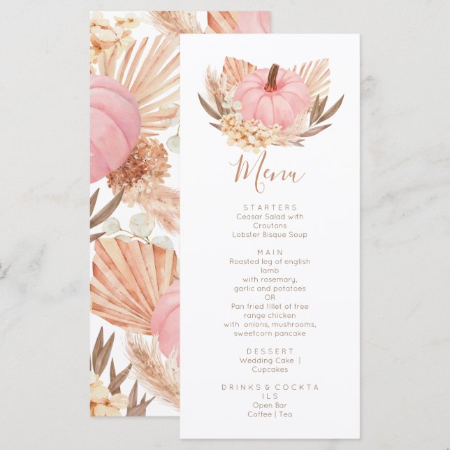 Pampas pink Pumpkin Boho Menu (Front/Back)