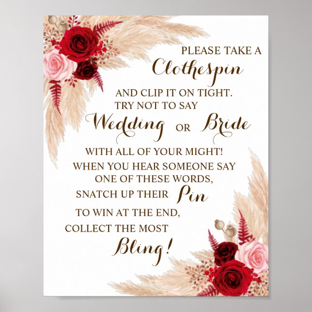 Pampas Put a Clothespin Bridal Shower Game Sign (Front)
