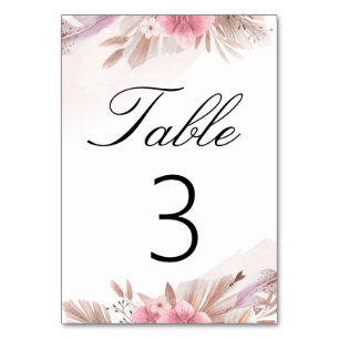 Pampas Rose and Champagne Boho Chic Wedding Table Number