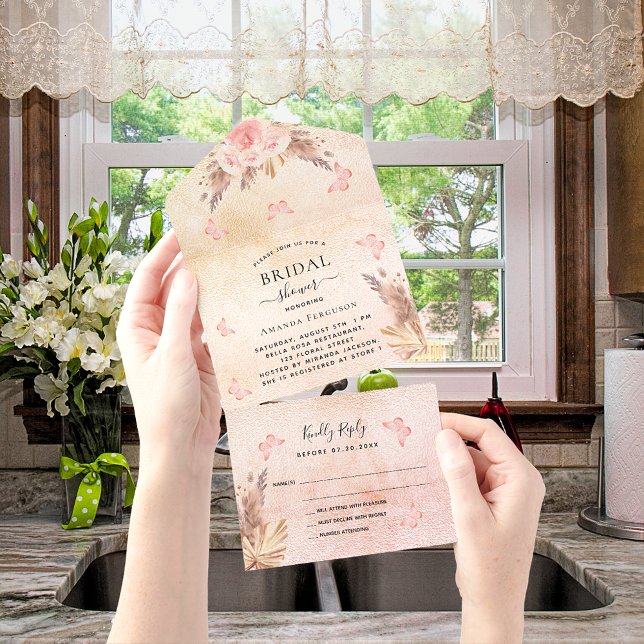 Pampas rose butterfly floral RSVP Bridal Shower All In One Invitation (Creator Uploaded)
