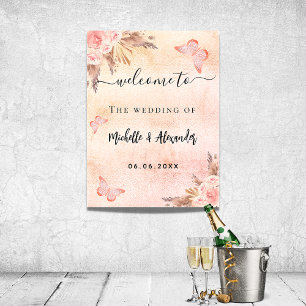 Pampas rose gold floral butterfly welcome wedding poster