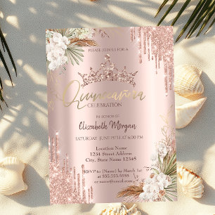 Pampas Rose Gold Glitter Crown Drop Quinceañera  Invitation