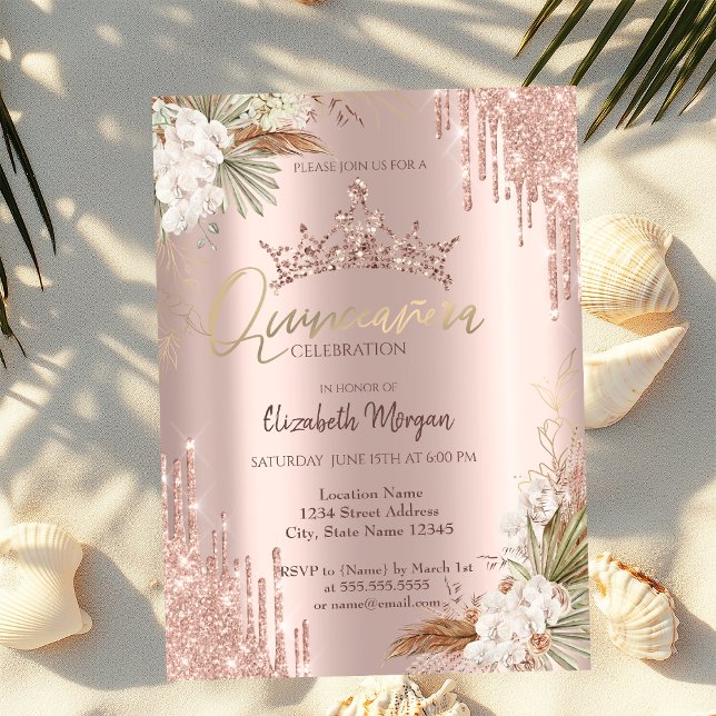 Pampas Rose Gold Glitter Crown Drop Quinceañera  Invitation (Creator Uploaded)