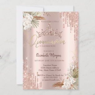 Pampas Rose Gold Glitter Crown Drop Quinceañera  Invitation