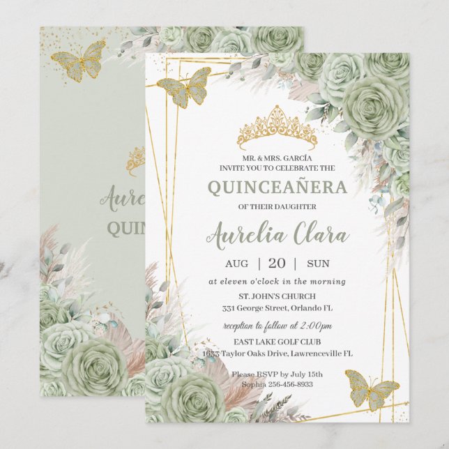Pampas Sage Green Floral Butterflies Quinceañera Invitation (Front/Back)
