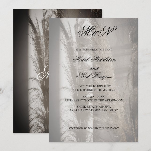 Pampas  Wedding Romantic Script Invitation (Front/Back)