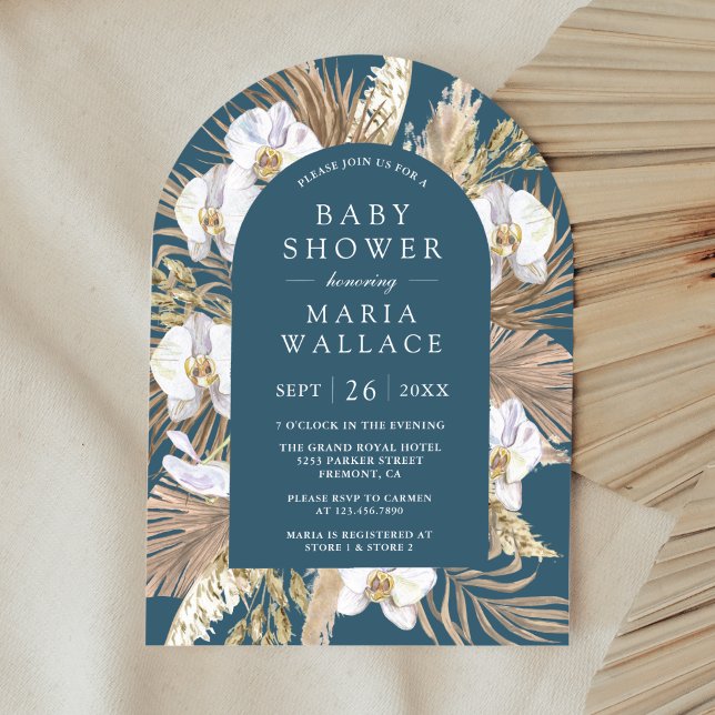 Pampas White Orchid Dusty Blue Arch Baby Shower Invitation (Creator Uploaded)