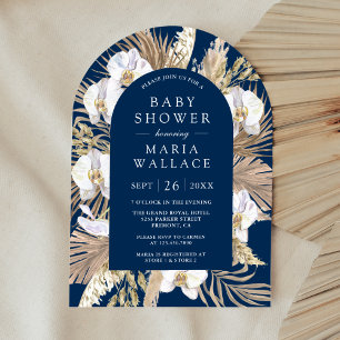 Pampas White Orchid Navy Blue Arch Baby Shower Invitation