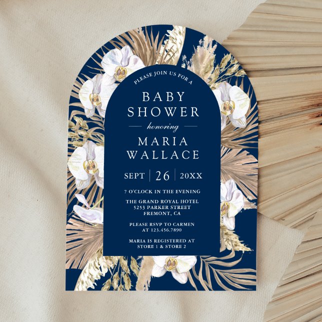 Pampas White Orchid Navy Blue Arch Baby Shower Invitation (Creator Uploaded)