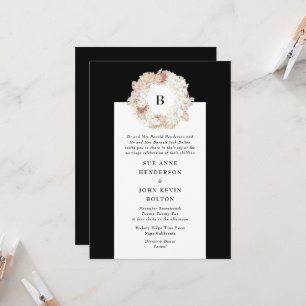 Pampas Wreath Black White Monogram Wedding Invitation