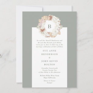 Pampas Wreath Moss Green Monogram Wedding Invitation