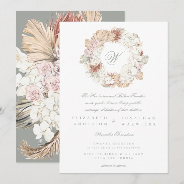 Pampas Wreath Moss Sage Green Monogram Elegant Invitation (Front/Back)
