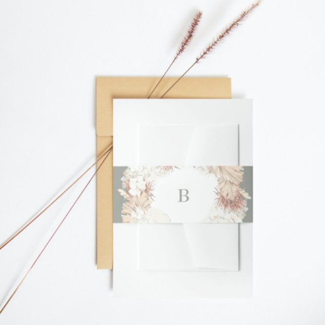 Pampas Wreath Moss Sage Green Monogram Simple Invitation Belly Band (Creator Uploaded)