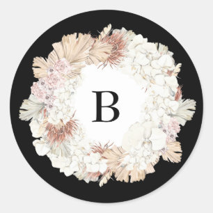Pampas Wreath Onyx Black Premium Elegant Monogram Classic Round Sticker