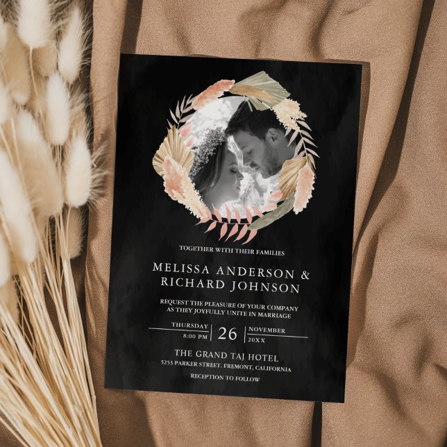 Pampas Wreath Photo Dried Palm Black Wedding Invitation (Creator Uploaded)