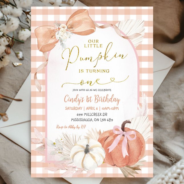 Pampass Gingham Pumpkin is One First Birthday Invitation (Creator Uploaded)