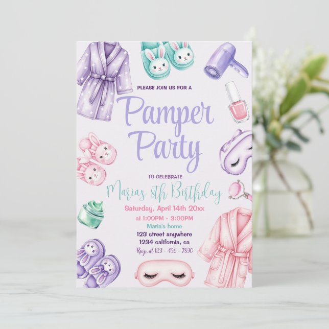 Pamper Party Glam Day Girls Spa Party Birthday Invitation (Standing Front)