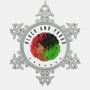 Pan African black girl woman red green pride afro Snowflake Pewter Christmas Ornament