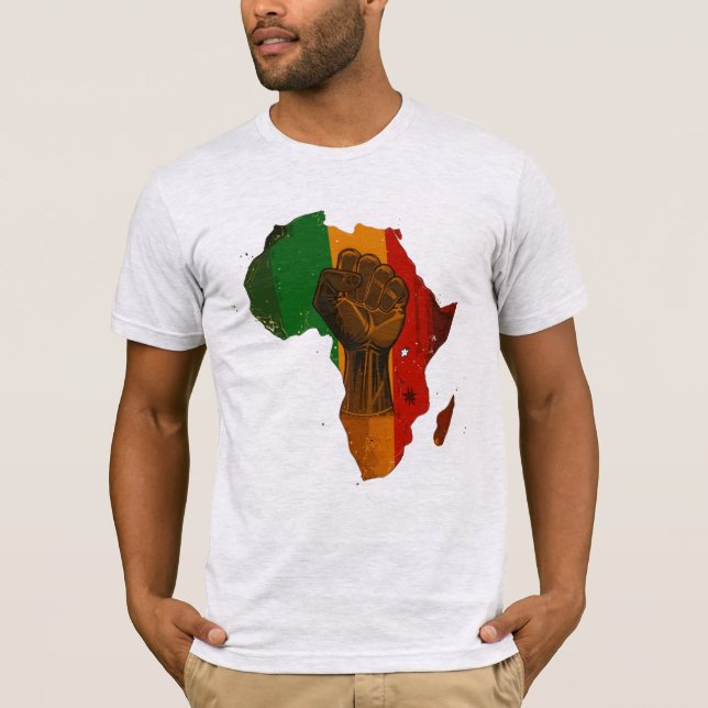 Pan-African Raised Fist & Africa Outline Design T-Shirt (Front)