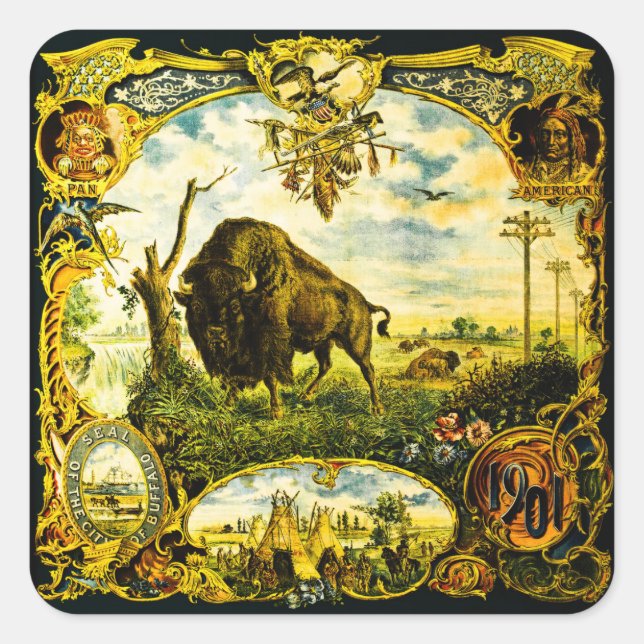 Pan Am Expo with Bison and Native American Motifs Square Sticker (Front)