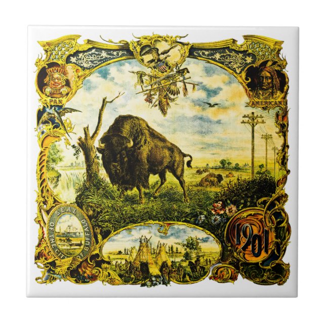 Pan Am Expo with Bison and Native American Motifs Tile (Front)