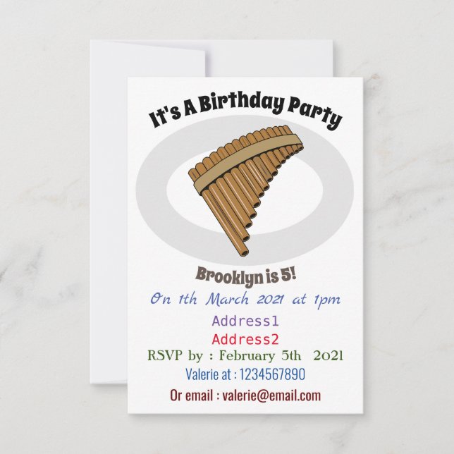 Pan flute / panpipes cartoon illustration  invitation (Front)