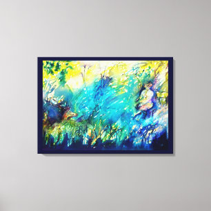 PAN PLAYING FLUTE AND DEER IN GREEN WOODLAND CANVAS PRINT