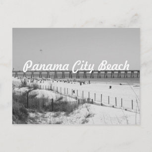 Panama City Beach, FL Pier & Beach Black & White Postcard
