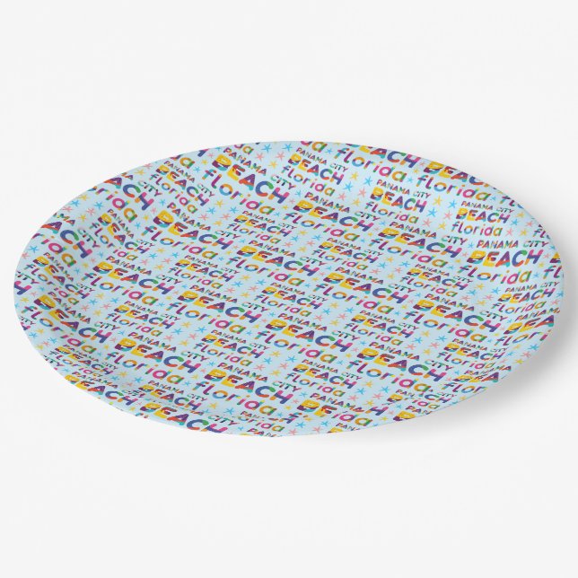 Panama City Beach, Florida. Colourful Text Pattern Paper Plate (Angled)