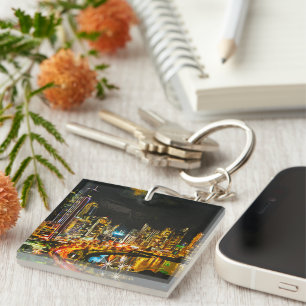 Panama City By Night Watercolor Skyline Painting Key Ring