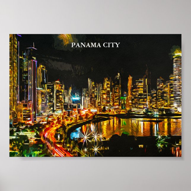 Panama City By Night Watercolor Skyline Painting Poster (Front)