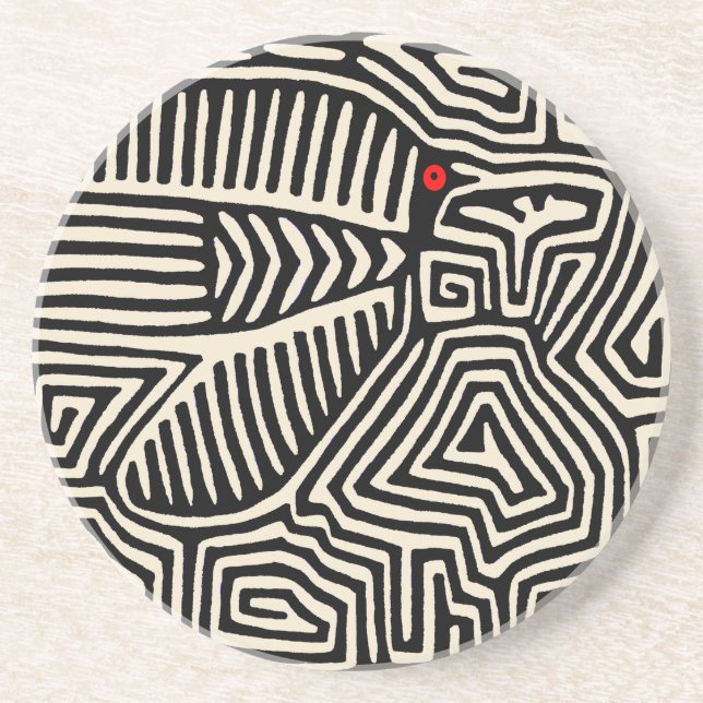 Panama Kuna Indian Mola Pajaro - Black White Coaster (Front)