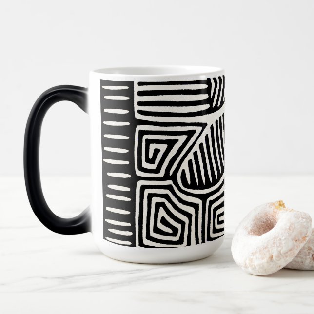 Panama Kuna Indian Mola Pajaro - Black White Magic Mug (With Donut)