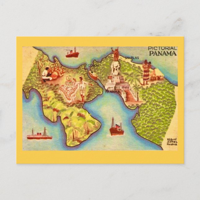 Panama Map Drawing Postcard (Front)