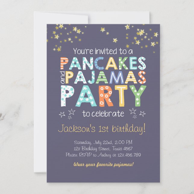 Pancake and Pyjamas birthday invitation Boy Blue (Front)