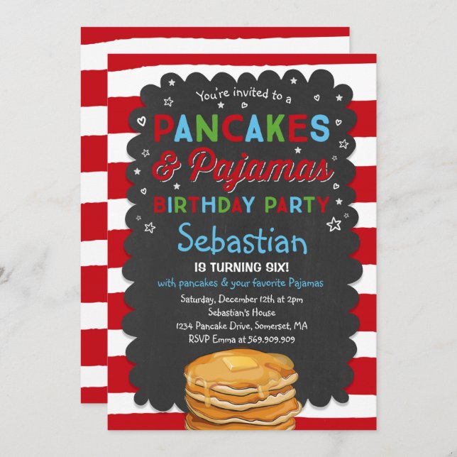 Pancake And Pyjamas Birthday Invitation PJ's Party (Front/Back)