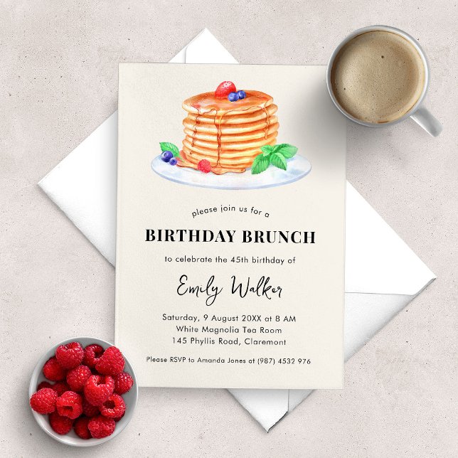 Pancake Birthday Brunch Party Invitation (birthday brunch party invitation with a watercolor illustration of a stack of pancakes with honey)