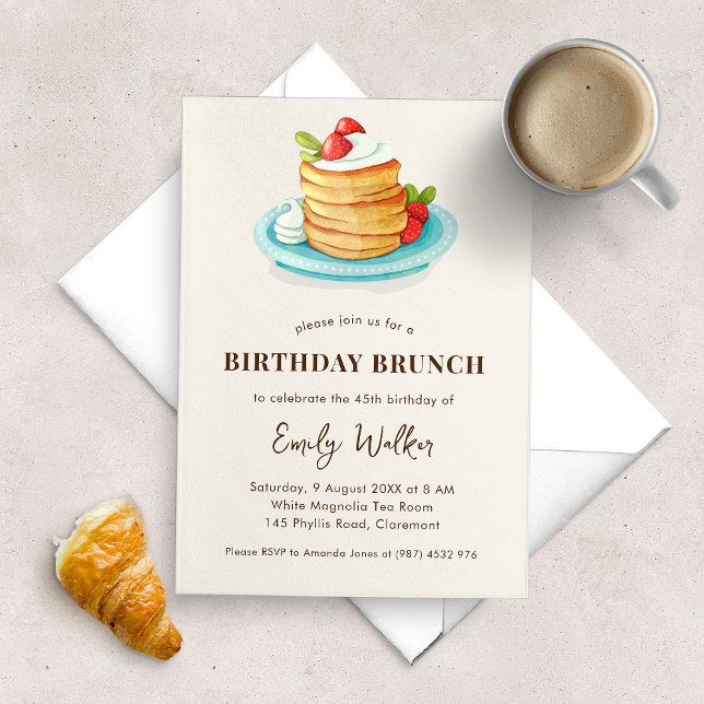 Pancake Birthday Brunch Party Invitation (birthday brunch party invitation with a watercolor illustration of Japanese pancake dessert.)