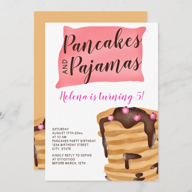 Pancake pajama 5th birthday illustration invitation (Front/Back)