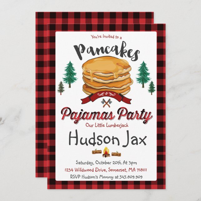 Pancakes And Pyjamas Birthday Invitation Plaid (Front/Back)