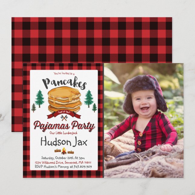 Pancakes And Pyjamas Birthday Invitation Plaid (Front/Back)